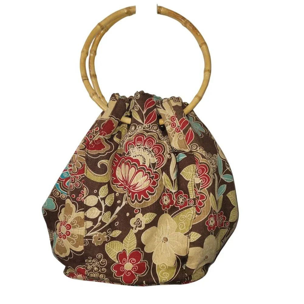 Tianni Floral Embroidered Boho Fabric Handbag With Bamboo Ring Handles
